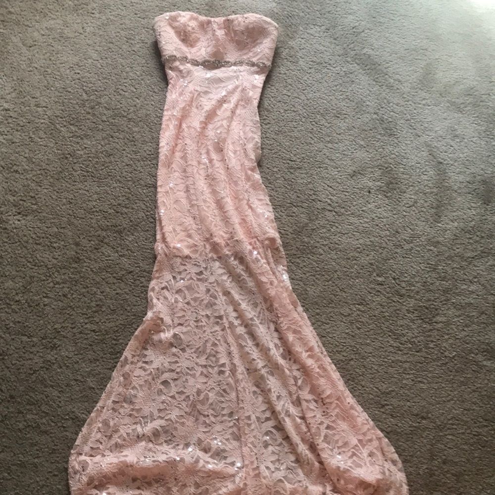 light pink fitted and bedazzled prom dress